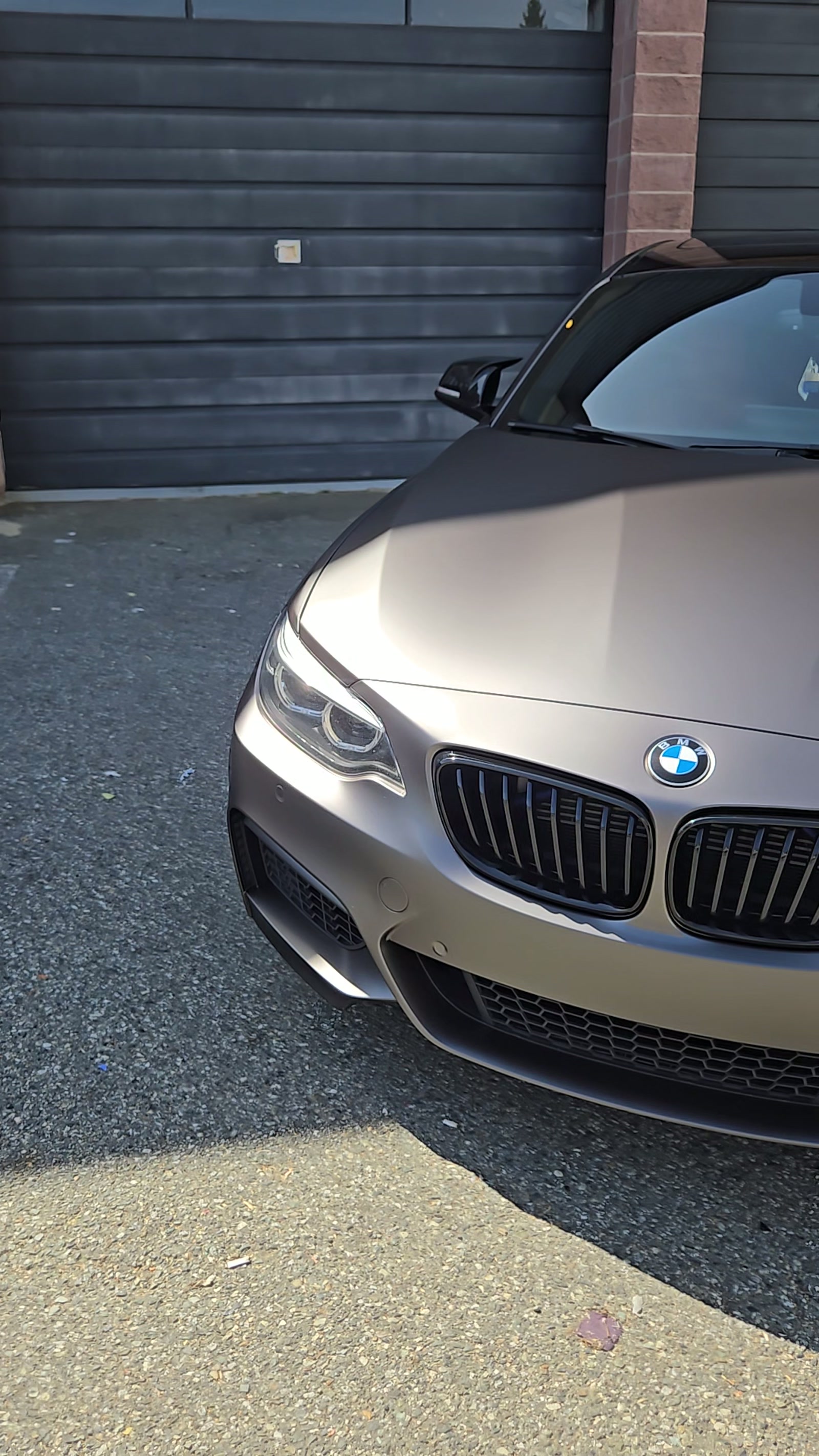 Satin champagne vinyl wrap on a BMW front end